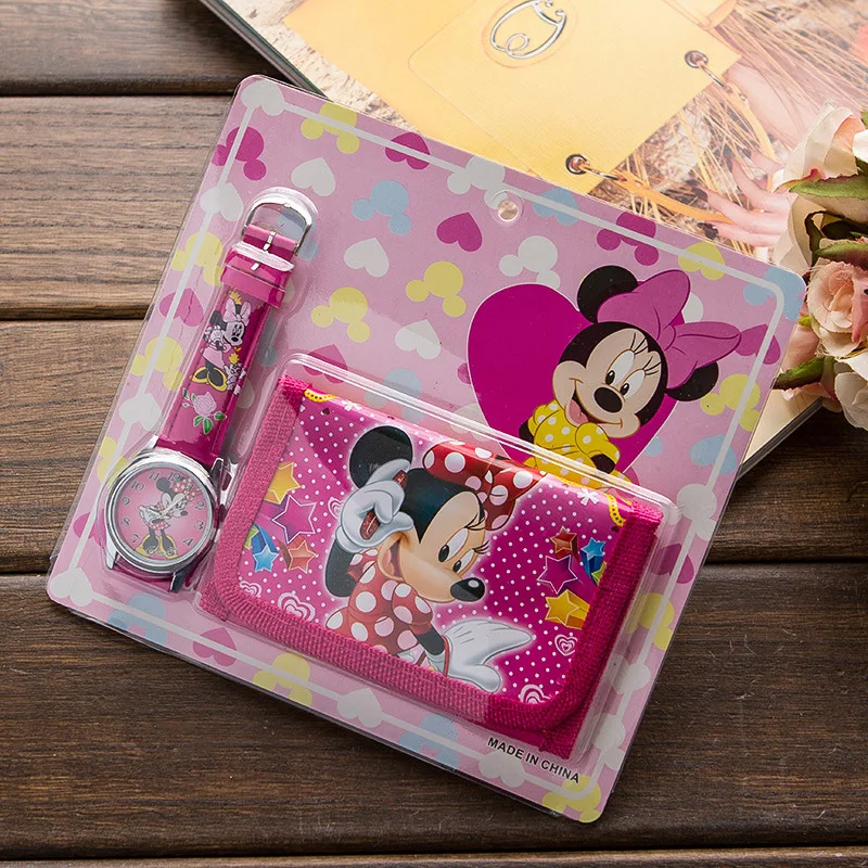 Disney Mickey Children's Watch Cartoon Wallet Set Frozen Minnie Quartz Leather Student Birthday Christmas Gift | Наручные часы