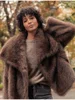 Lapel Brown Women Short Faux Fur Coat Luxurious Fluffy Long Sleeve Warm Jacket 2024 Autumn Winter Lady Solid High Street Outwear 1