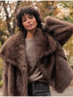 Lapel Brown Women Short Faux Fur Coat Luxurious Fluffy Long Sleeve Warm Jacket 2024 Autumn Winter Lady Solid High Street Outwear 1