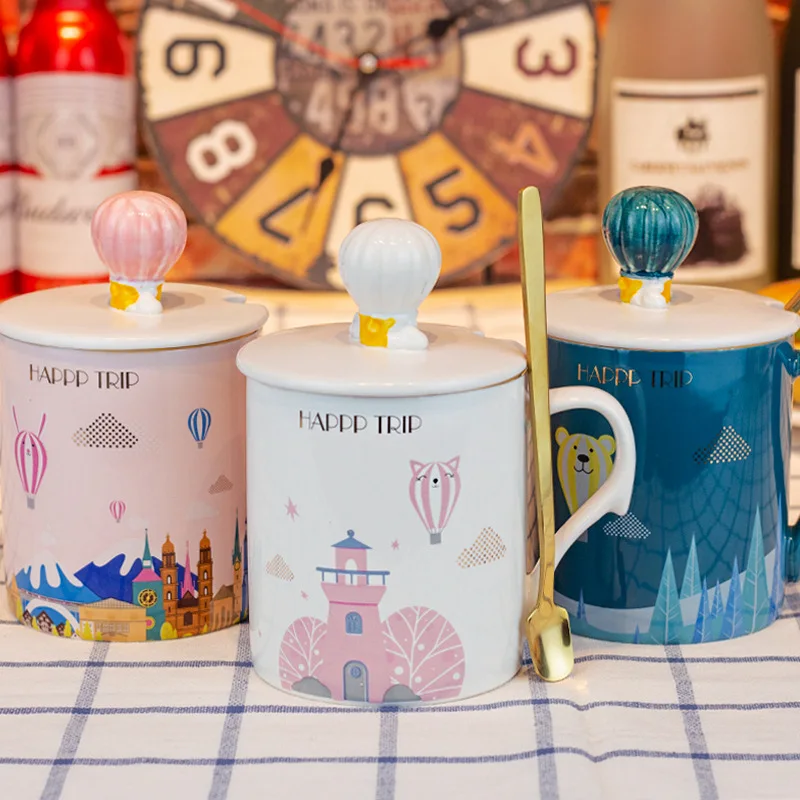 

HF Mark Cup with Cover Spoon Creative Simple Castle Artistic Couple Nordic Ceramic Cup INS Office Coffee Cup Man