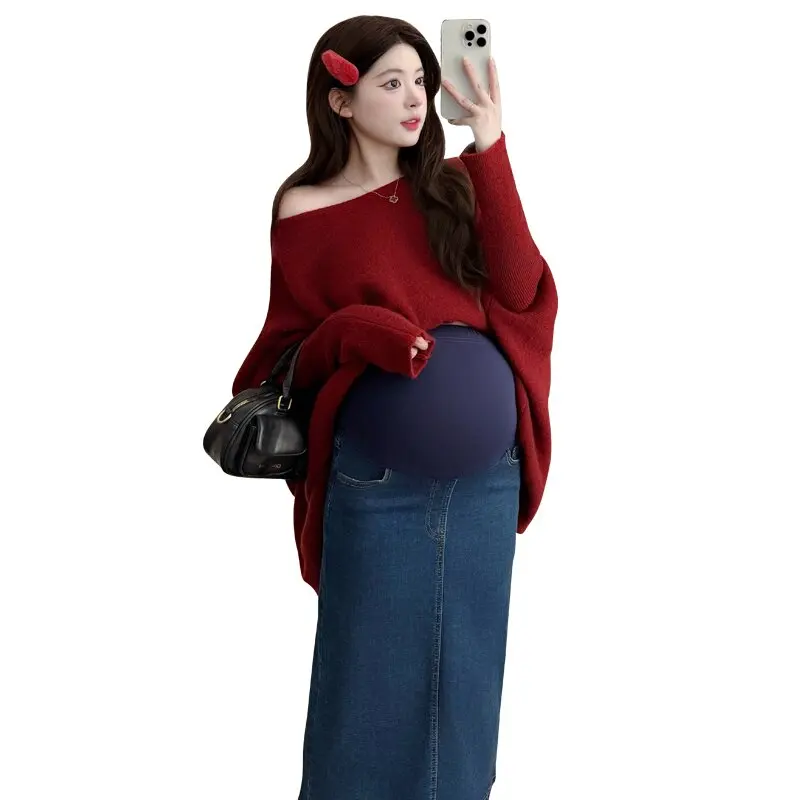 Stretch Denim Maternity Skirt with Split Adjustable High Waist Pencil Skirts for Pregnant Women Y2k Youth Spring Autumn Fashion