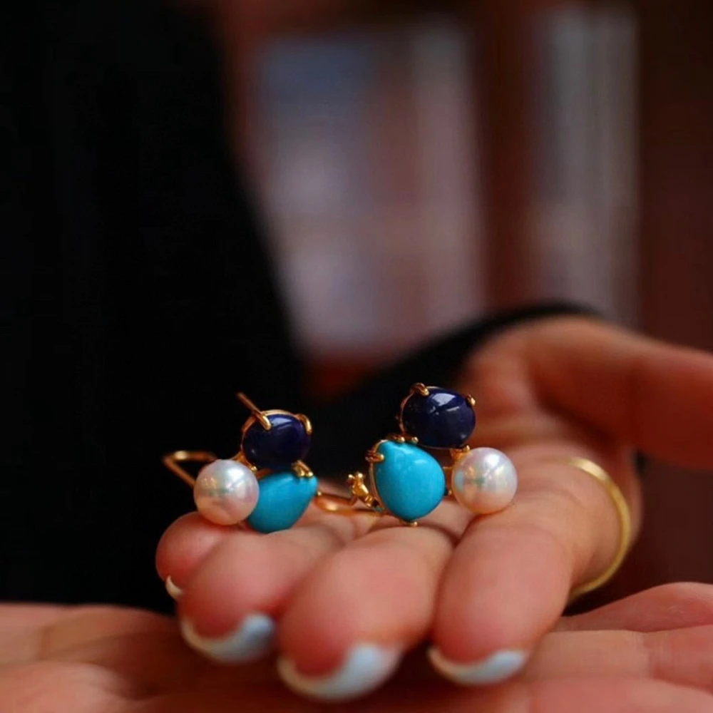 Wong Rain Vintage 18K Gold Plated 925 Sterling Silver Natural Turquoise Pearl Gemstone Ear Stud Earrings Customized Fine Jewelry