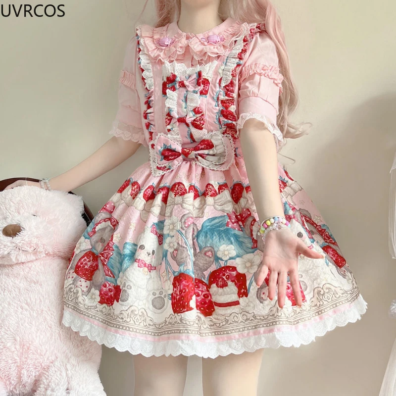 Japan Kawaii Lolita Jsk Dress women sweet Bear strawberry Print Lace Strap Dresses Girl Harajuku Princess Holiday Party Vestidos lolita dress lolita suspender dress lolita cosplay costumes suspender dress lolita skirt lolita blouses