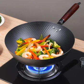 34cm Chinese Traditional Wrought Iron Wok, 2mm Thickened Pot Kitchen Cookware,Uncoated Wok Pan for Gas Cooktop Induction Cooker