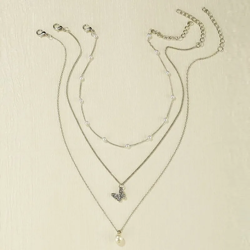 Trendy Multilayer Clavicle Chain Necklace Creative Simple Butterfly Pearl Pendant Bead Necklaces Women Jewelry Wholesale |