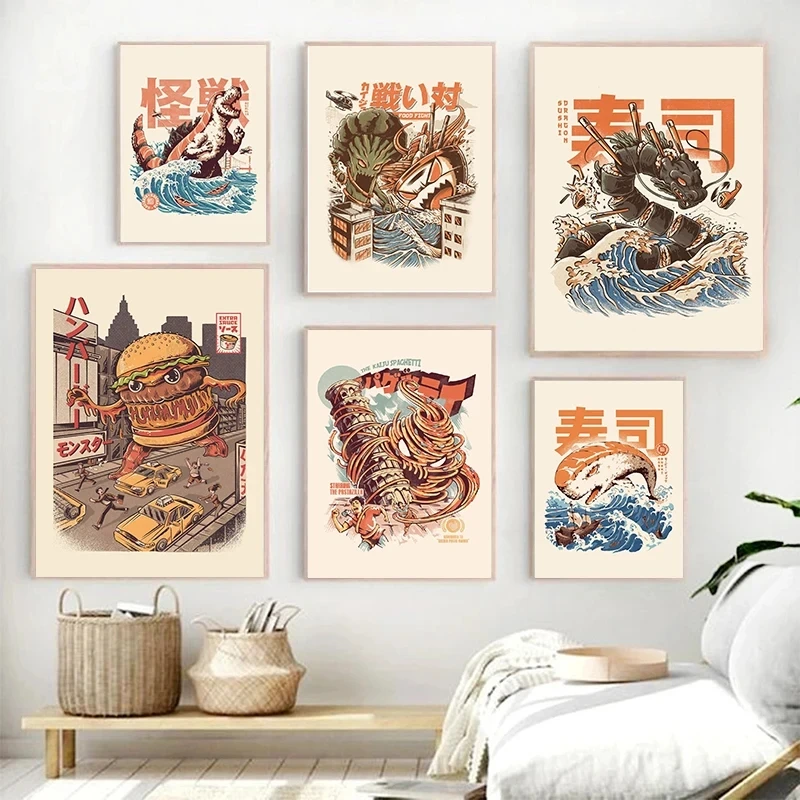 Vintage Japanese Kaijus Food Art Canvas: Sushi, Ramen, and Burgerzilla Poster