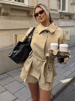 HH Women High Street Short Coat Lapel Wear Belt Single-breasted Women Autumn Fashion Pockets Long Sleeves Solid Jackets 6