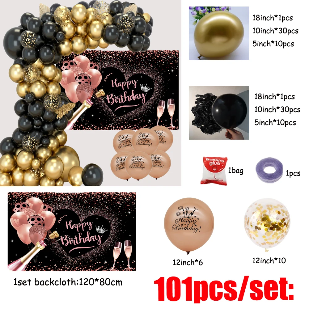 Description Picture 6 of item101pcs/Set Black Gold Birthday Theme Backdrops Balloon Garland Arch Kit Happy 70 50 60th Adults Birthday Party Decoras Backgroun