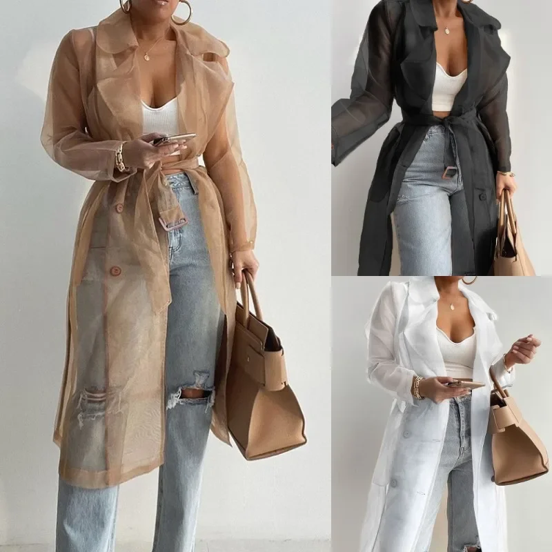 

Fashion Women Mesh Jacket Puff Lantern Sleeve Sunscreen Shirt Lace Up Summer Loose Thin Cardigan Coat Beach Elegant Long Trench