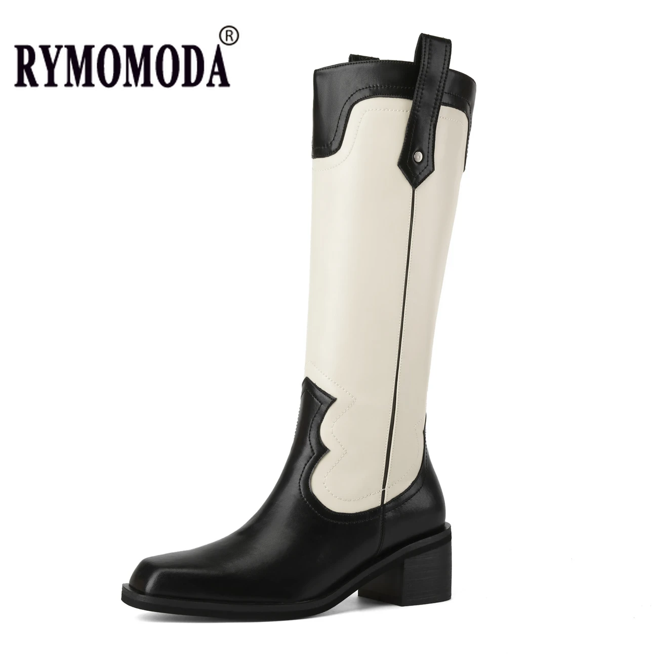 

Knee High Riding Boots Women with Heel 2023 Genuine Leather and Denim Upper Pigskin Lining and Insole Motorcycle Handmade Shoes
