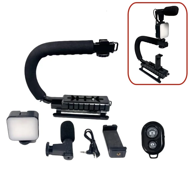 U C Shaped Holder Grip Video Handheld Stabilizer with Fill light,Phone Holder,Mic,Remote Control for SLR Cameras Home DV Came