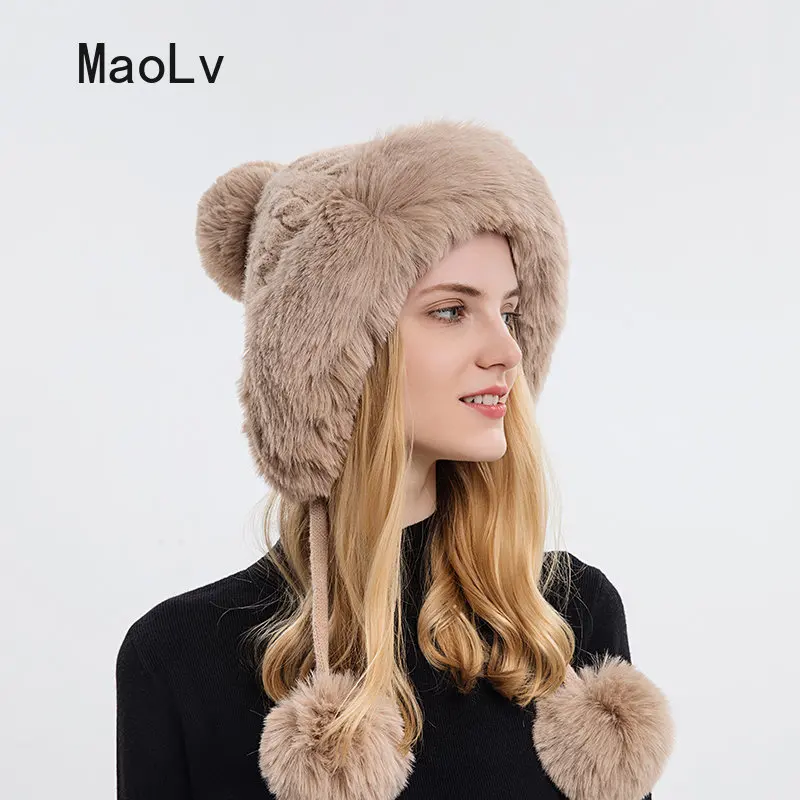 Casquette tricotée en fourrure moelleuse d'hiver pour femmes russes, chapeaux de Protection des oreilles doux et chauds, en peluche pour l'extérieur, boule résistante au froid_voghion.com