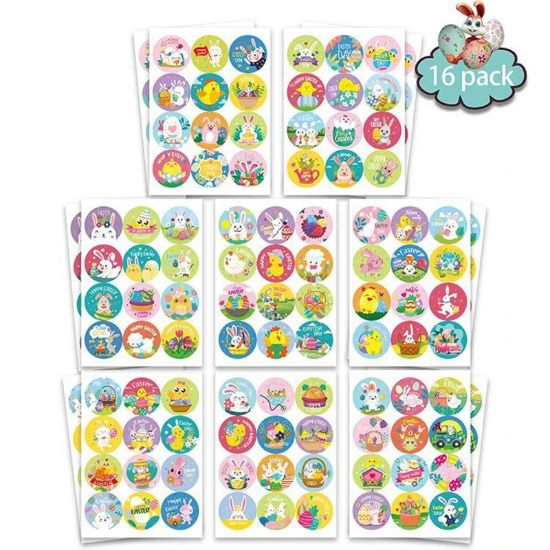 

192Pcs Mixed Easter Decorative Cartoon Sticker for Kids 1.5inch Cartoon Rabbit Eggs Scrapbooking Sticker Kit Easter Gift Decor