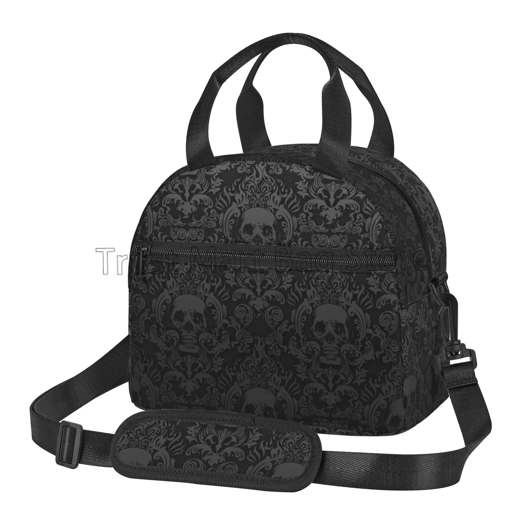 Gothic Black Skull Damask Insulated Lunch Bag Unisex Lunch