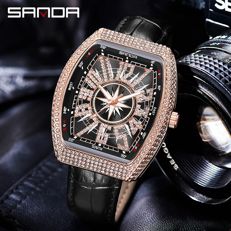 SANDA Quartz Watch Mens Watches New Fashion Rose Gold Case Luxury Diamond Waterproof Watch Luminous Hands Reloj Hombre 7017