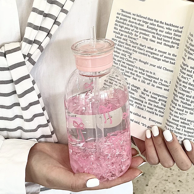 Cute Bowknot Plastic Cups With Straw Lid Portable Drinking Bottle Kawaii Water Bottle Aesthetic Tumbler For Ice Coffee Juice Tea 3