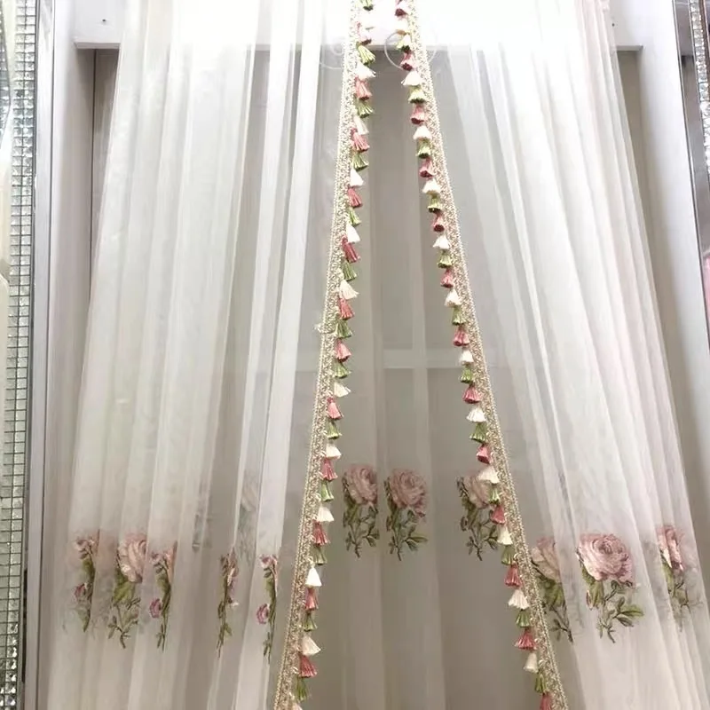 

Luxury White Flowers Tulle Window Curtains for Living Room Bedroom Water Soluble Embroidery Screen 2 Panels Tulle with Tassels