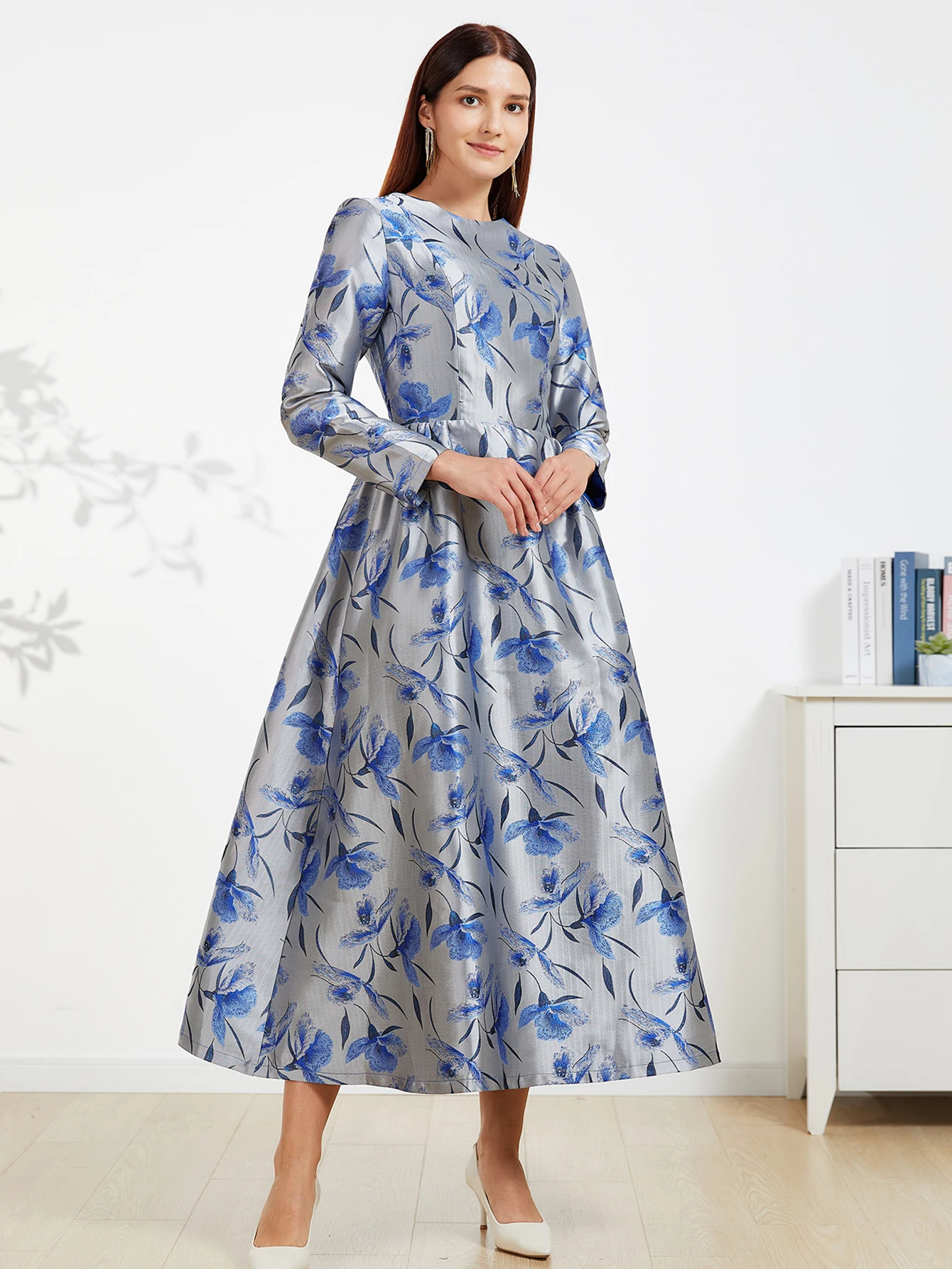 DEVCHATA Luxus Frauen Lange Maxi Frühling Jacquard Kleid Elegante Party Kleider Langarm Abend Kleidung Floral Robe