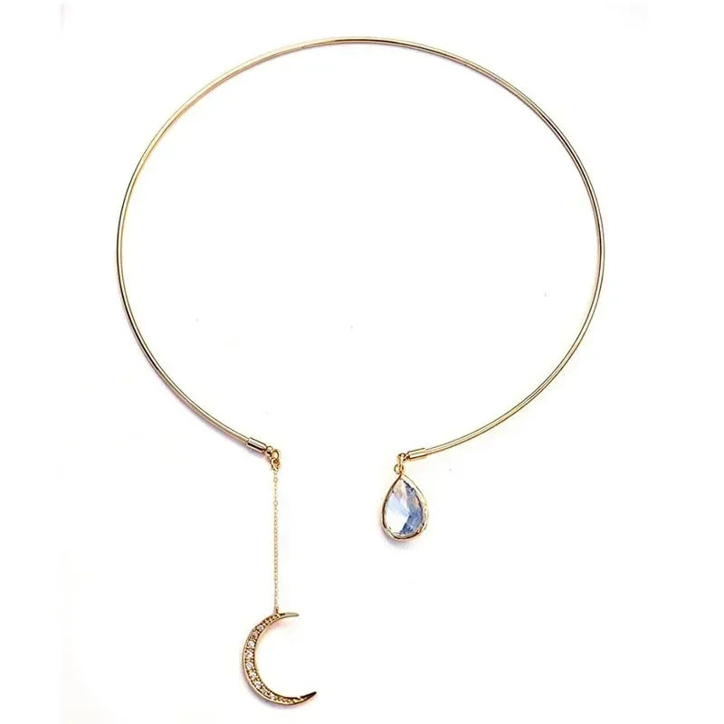 Women's Water Drop Necklace Collar Creative and Fashionable Neck Jewelry Niche Design Sense High-end Moon Studded Diamond