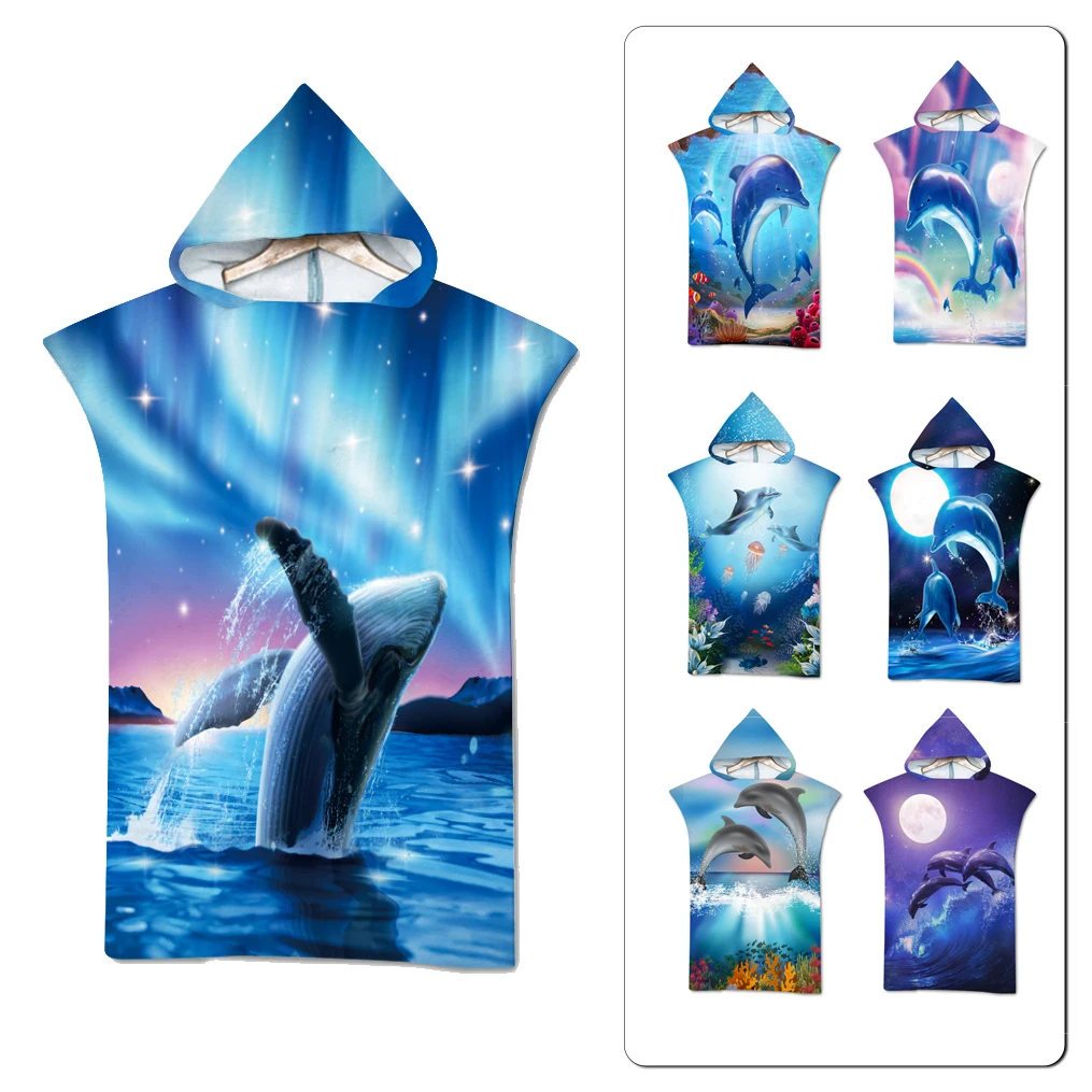 Underwater World Dolphin Hippie Adult Beach Towel Whale Jump Pattern Hooded Bath Towel Surf Poncho Changing Robe Bathrobe Decor microfiber towels,quick drying towel,surf changing robe