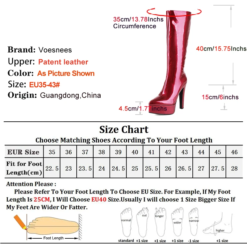 Big Size 43 Pointed Platform Boots For Women 15CM Stiletto Glossy Patent leather Winter Knee-High Boots Nightclub Dance Shoes