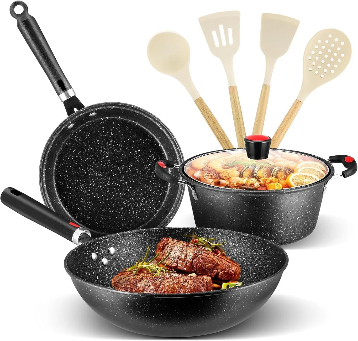 Juego de Ollas y Sartenes Antiadherentes Chef Set con Tapa de Vidrio, Utensilios de Cocina