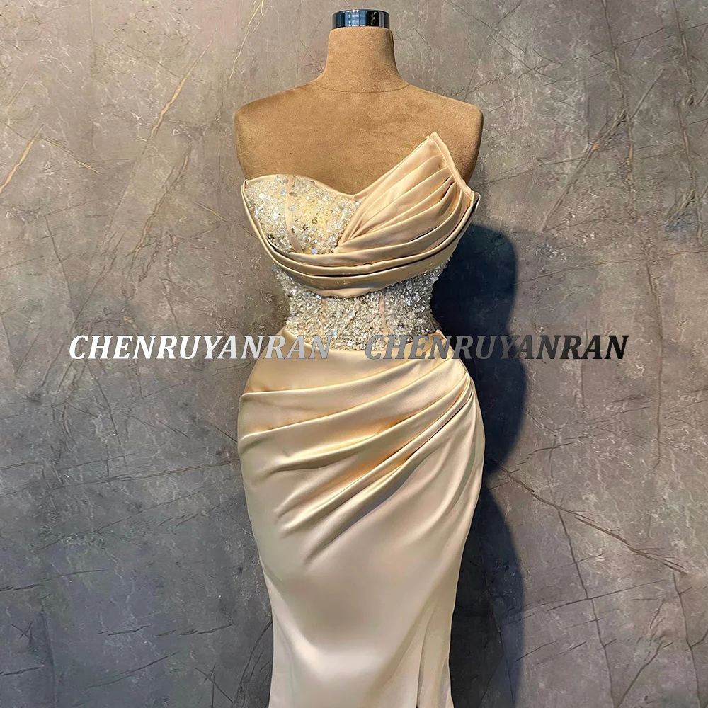 Customized Satin Evening Dresses Long Luxury Sweetheart Split Sexy Prom Gowns Bead Mermaid Satin Elegant Dress Wedding Party New 4