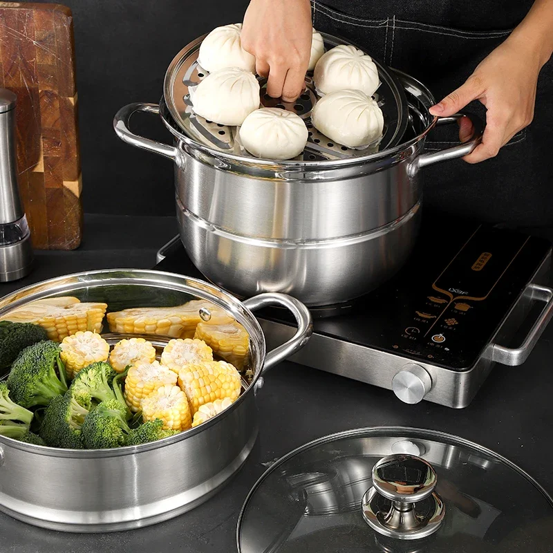 KSISE Brand Double-Layer Steamer Stainless Steel Multi-Functional Cookware Steam Top Cook Bottom