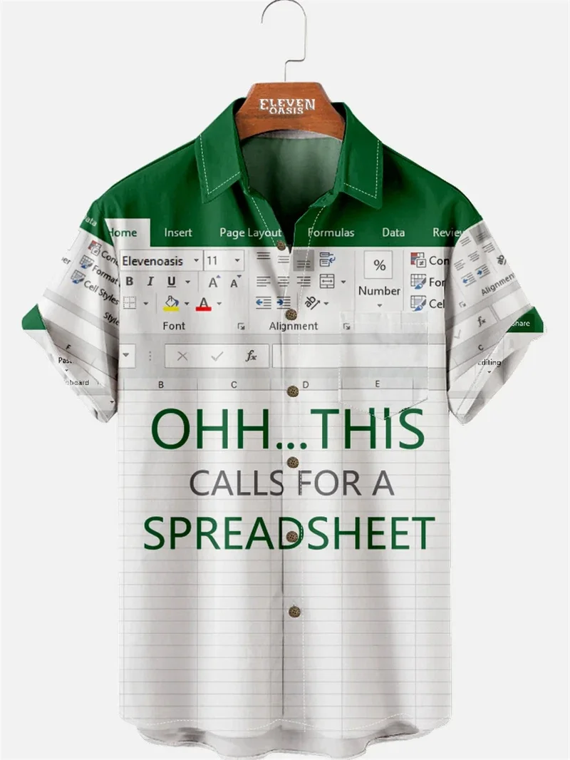 Fun Excel Spreadsheet 3D Print Sport Quick-dry Men Women Shirts Casual Vacation Button Design Creative Y2K Work Short Sleeve Top