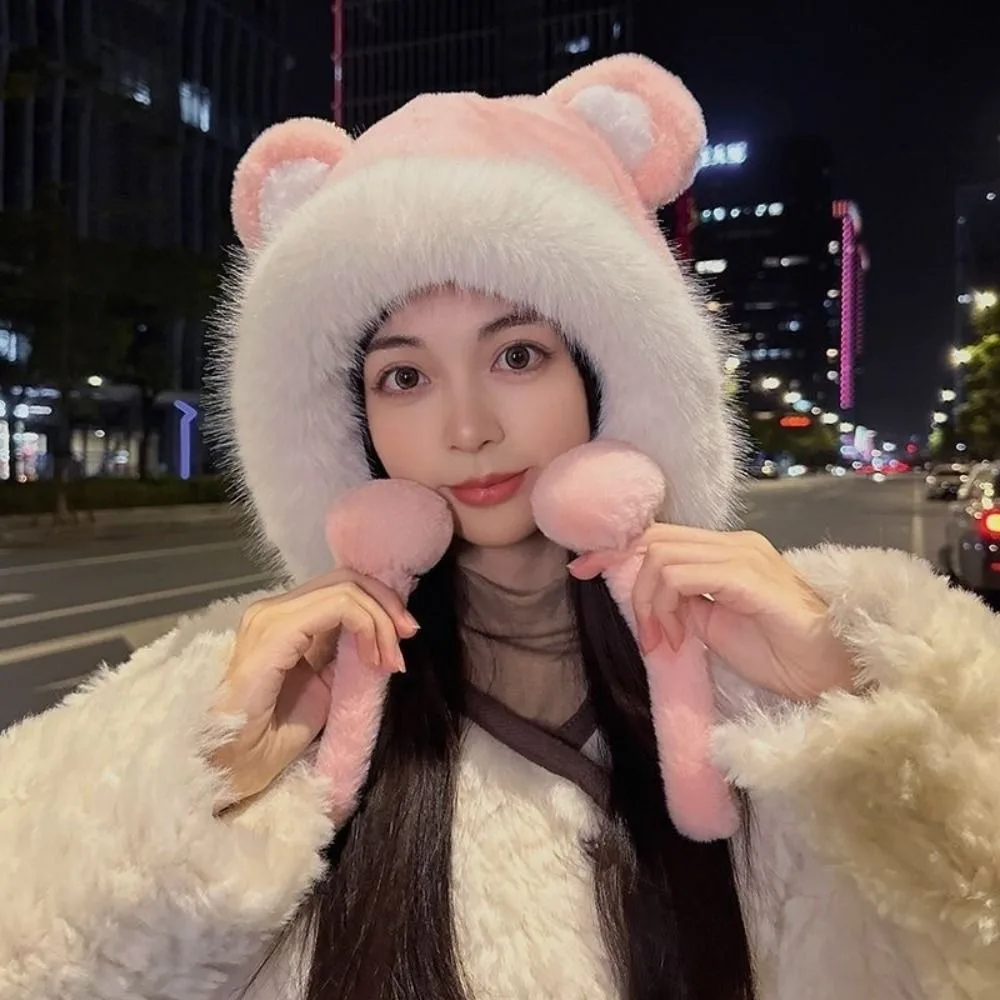 Cute Warm Winter Hat Ear Protection Velvet Bear Ears Hat Lacing Rabbit Ear Woolen Bucket Hat Women