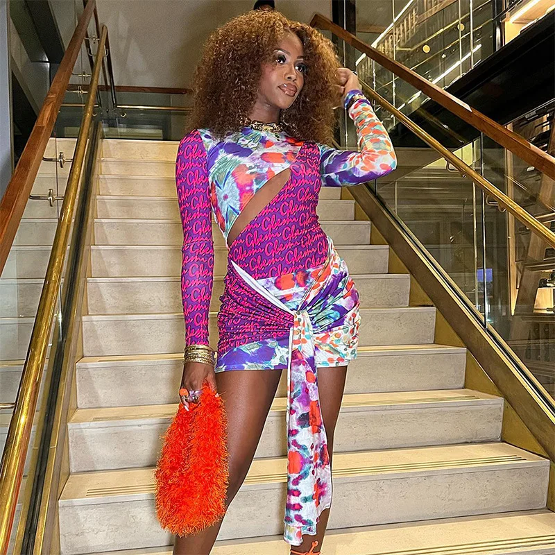 

Casual Dresses For Women 2023 Summer Pareo Outlet Vestido Beachwear Clothes Bodycon Female Printed Long Sleeve Lace Hollow Out