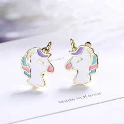 Gold Color Stamp 925 Silver Needle Cute Unicorn Hoop Earrings For Women Multicolor Enamel Earring Vintage Jewelry Girl Gift New