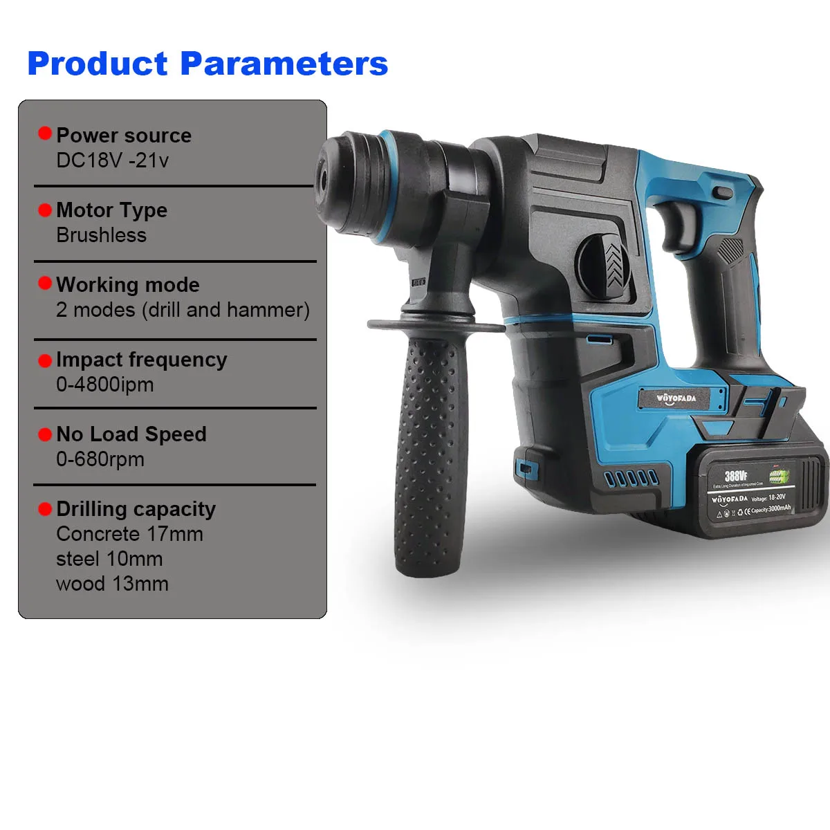 WOYOFADA Brushless Electric Hammer Drill Multifunctional Rotary Cordless Rechargeable Power Tools For Makita 18V Battery 2
