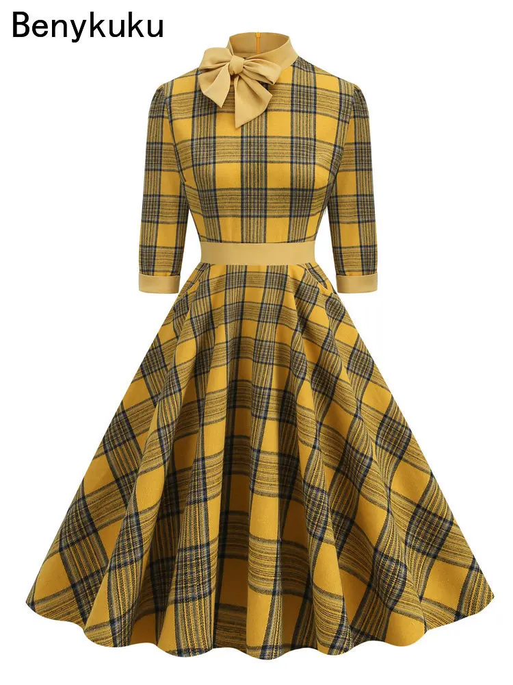 

Женское винтажное платье миди с карманами, элегантное клетчатое платье с воротником-бантом и рукавом 3/4, осень 2024