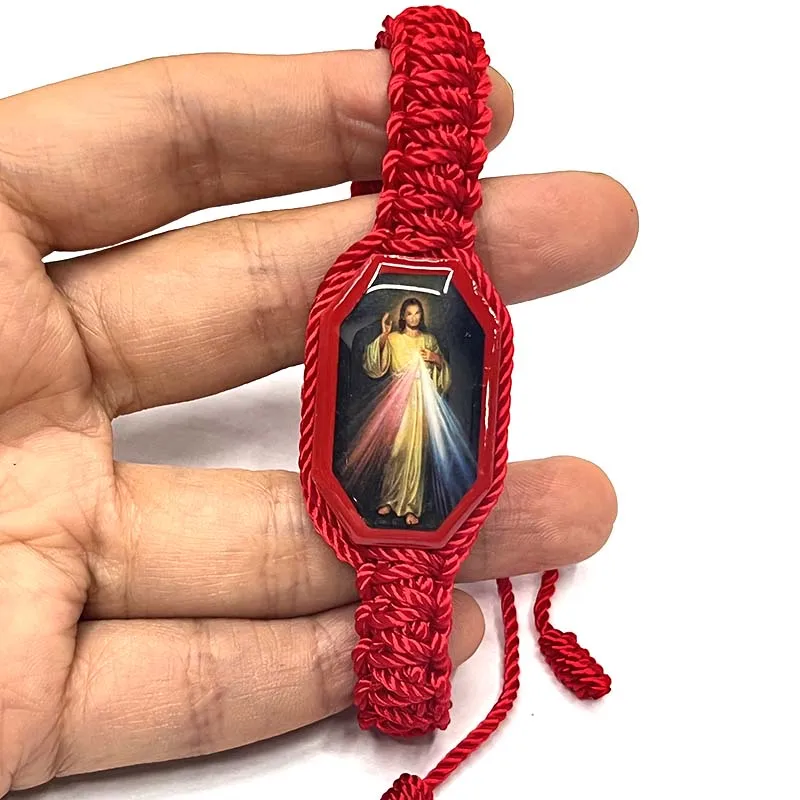 12Pieces Double Woven Bracelet Religious Jesus Pattern Rectangular Recessed Wooden Drip Religious Ornaments Can Be Given As Gift