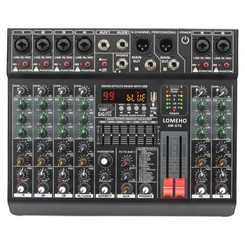 LOMEHO 7 밴드 EQ 오디오 사운드 믹서 테이블, 6 모노 채널 믹싱 DJ 콘솔, USB 2 AUX 출력, 개별 48V 99 이펙트 AM-GT6