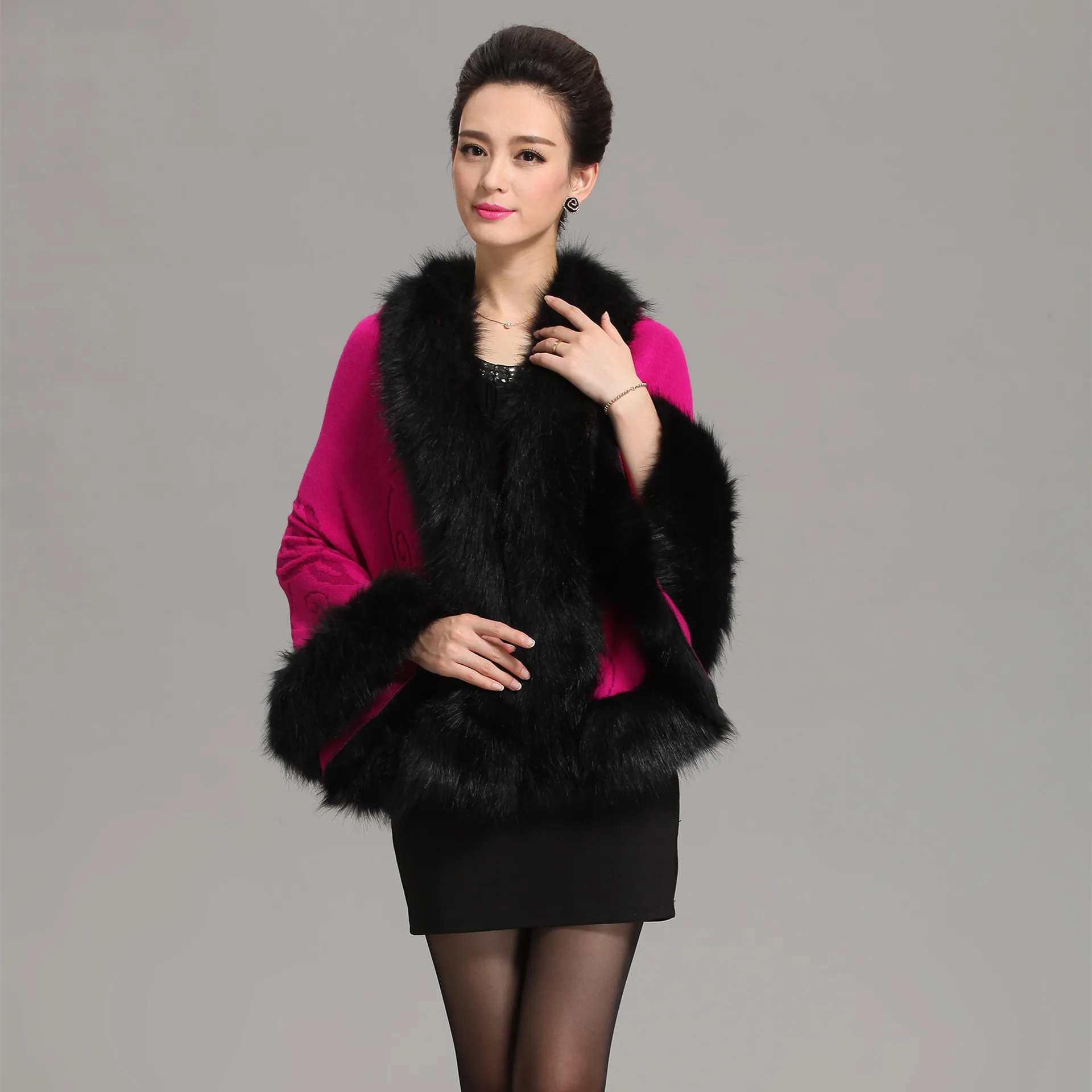 Wedding Party Dress Poncho Shawl Cape Big Faux Fox Fur Collar Embossed Cloak Open Stitch Loose Knitwear Outer Streetwear Coat