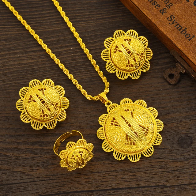 24K Gold Plated Fashion Ethiopian Earrings/Pendant/Ring Jewelry Sets Gold Plate Africa Bride Wedding Eritrea Set Gift 6