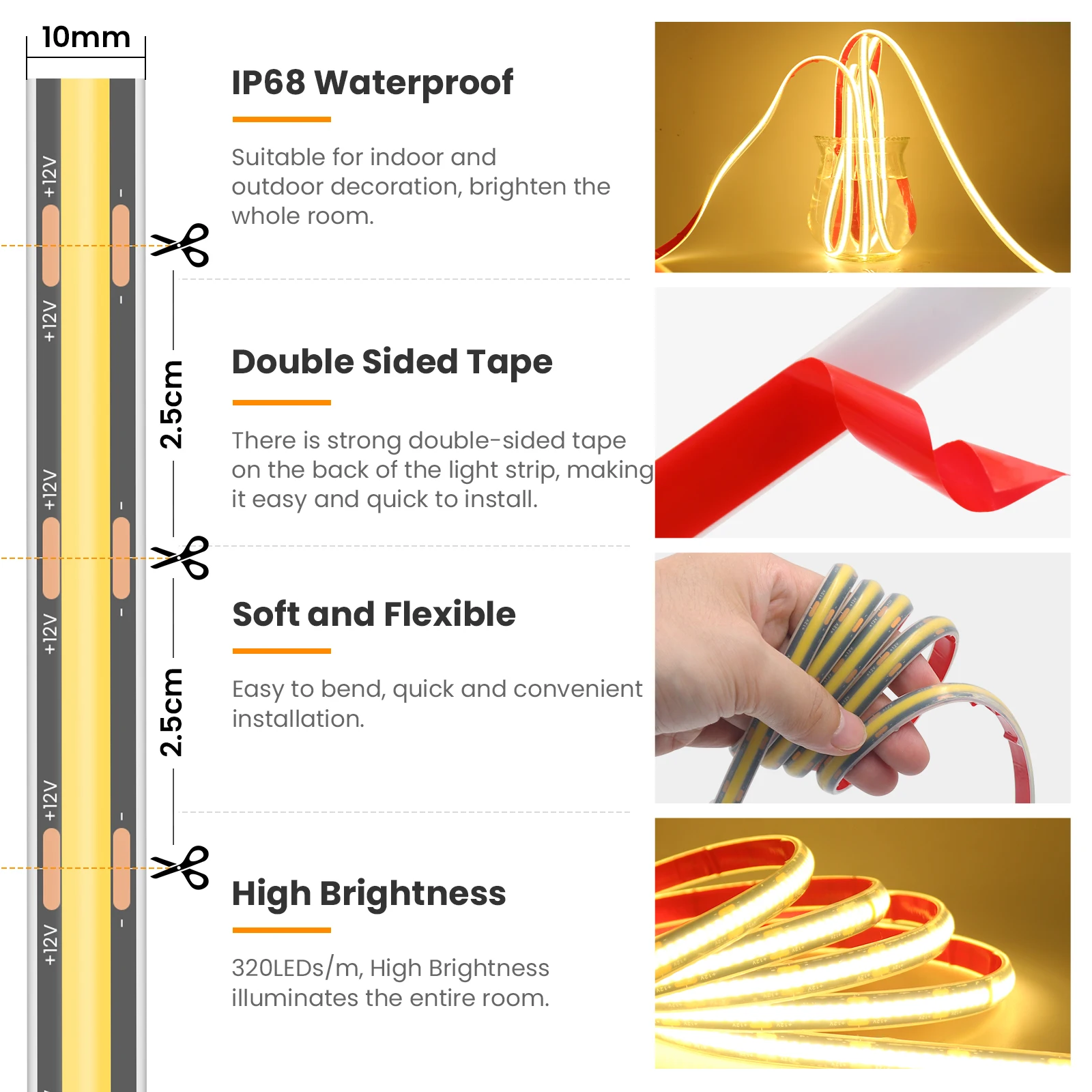 12V 24V COB LED Strip Light DC 320LEDs/M High Density Flexible IP68 Waterproof Outdoor COB S4a9079d2b5ae47c3af9942a5f4454e677