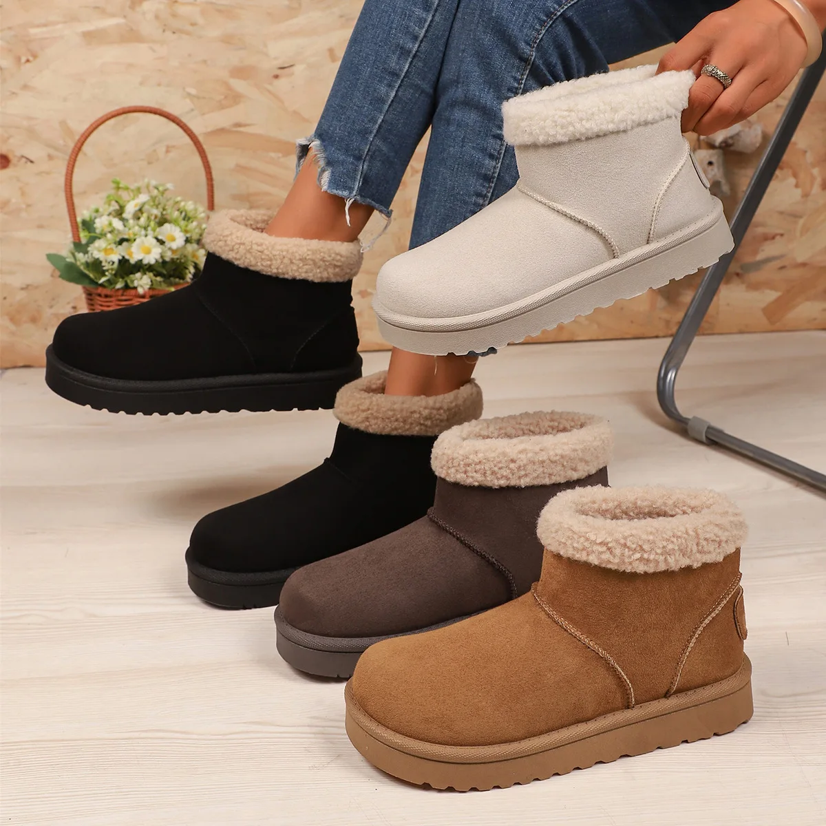Warm Short Plush Non Slip Snow Boots Women 2025 Winter Fashion Solid Suede Ankle Booties Comfort Thick Bottom Slip On Boots