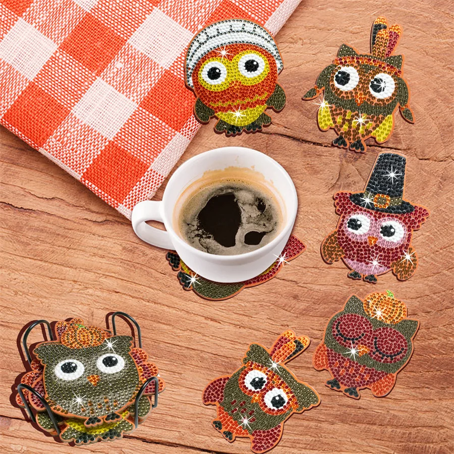 DIY Diamond Handmade artwork Mushroom Butterfly Owl Turkey Pattern Diamond painted coaster kit, holiday gift home kitchen decor