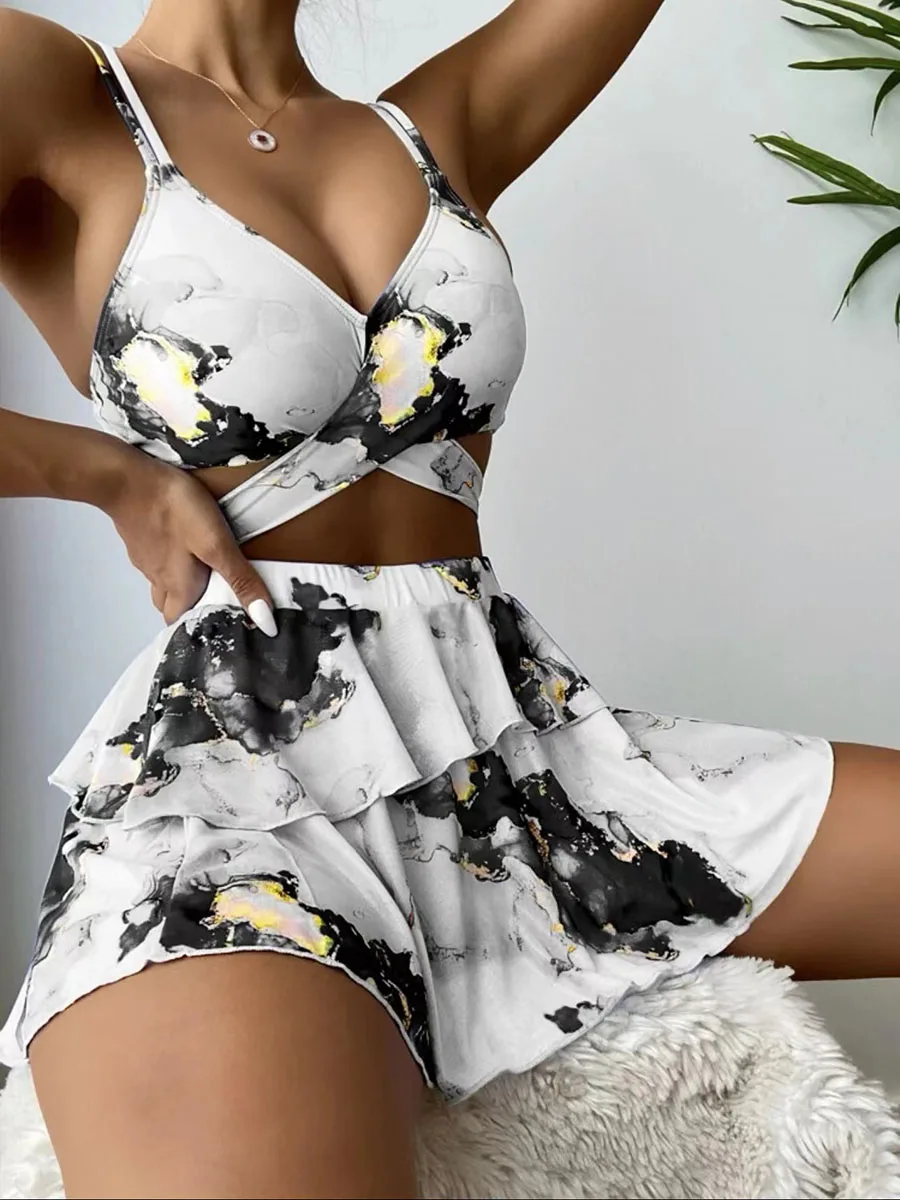 Bikini Three Piece Cover Up Swimsuit For Women Sexy Floral Printed Swimwear Push Up High Waist Beach Skirt-Style Bikini Set 2024