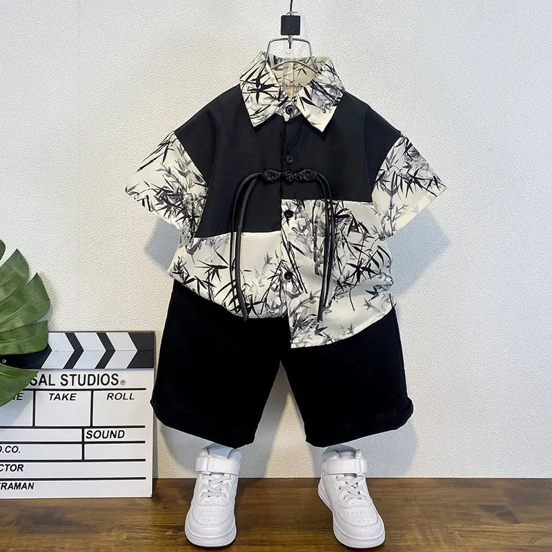 

Fashion Boys Tops And Blouses Summer Hanfu Chinese Style Color Stitching Short Sleeve casual Shirt+Short Pants 2Pcs Soft Suits