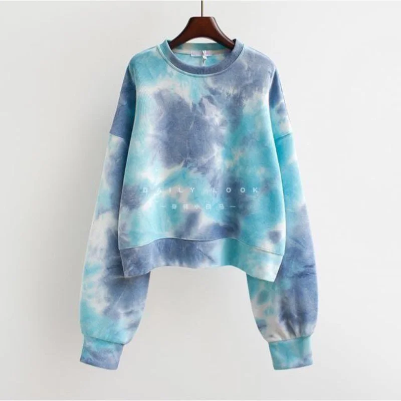 2023 New Spring and Autumn Trend Fried Street Tie Dyed Round Neck High Waist Korean Version Loose Casual Short Women's Sweater korean version 넥워머 new fashion шарф женский зимний button plush thick scarf for women winter warm student neck trend hot sale