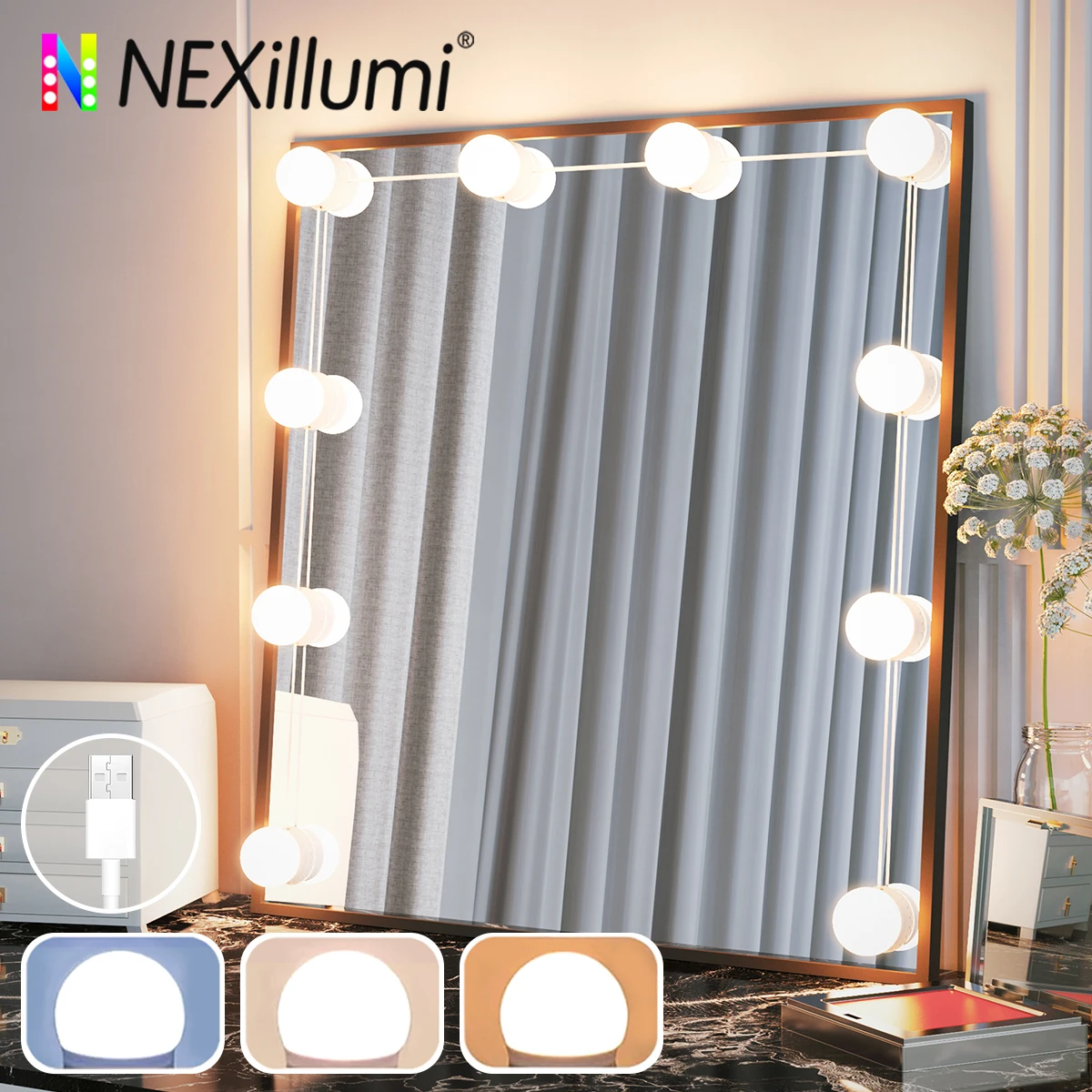 LED Vanity Lights Strip Kit 10 Dimmable Bulbs, 3 Color Modes & 10 Adjustable Brightness, USB Line for Body Makeup Bathroom Wall
