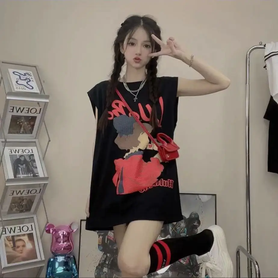 

Sweet and Versatile Printed Sleeveless T-shirt for Women Korean.College Casual Versatile Top Street Dance Basketball Sports Vest
