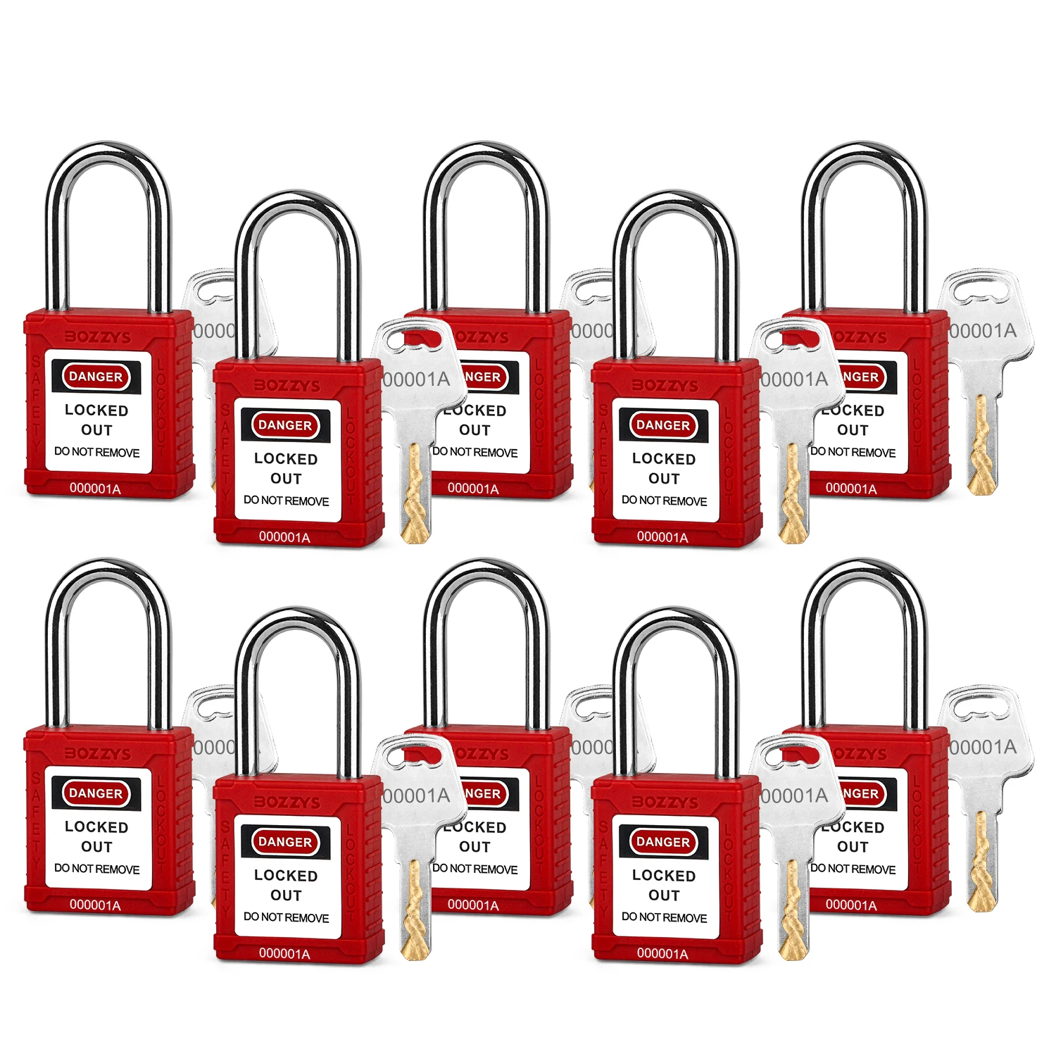 

Lockout/Tagout Nylon Safety Padlock Set-10 Pack,Red,Steel Shackle,Zinc alloy cylinder,Keyed Alike ,10 Keys per Set