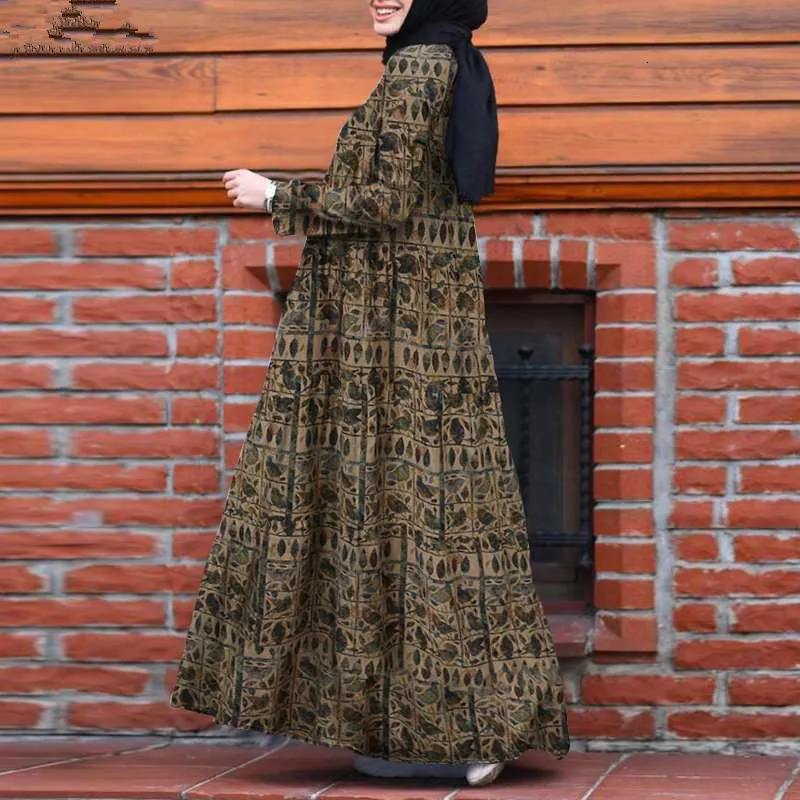 Muslim Woman Print Dress 2023 Autumn Retro Fashion Pullover Long Sleeve Round Neck Robe Casual Abaya Loose Dresses