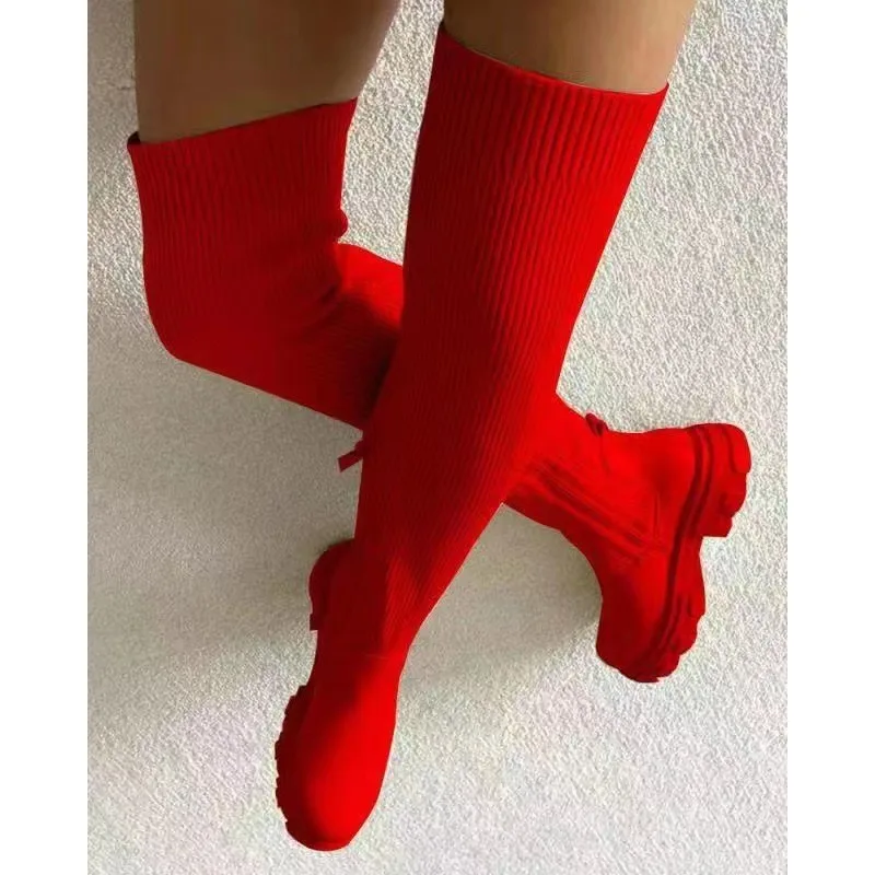 Women Over The Knee Boots Women's Thick Heel Slim Fit Winter Velvet Stretch Boots High Heels Large Size Suede Boots Botas Mujer