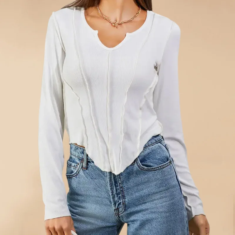 

Blouse Women Fashion Solid Knit Shirt V-neck Long Sleeved Slim Fitting Female Pullover Short Top Streetwear Autumn New 2023